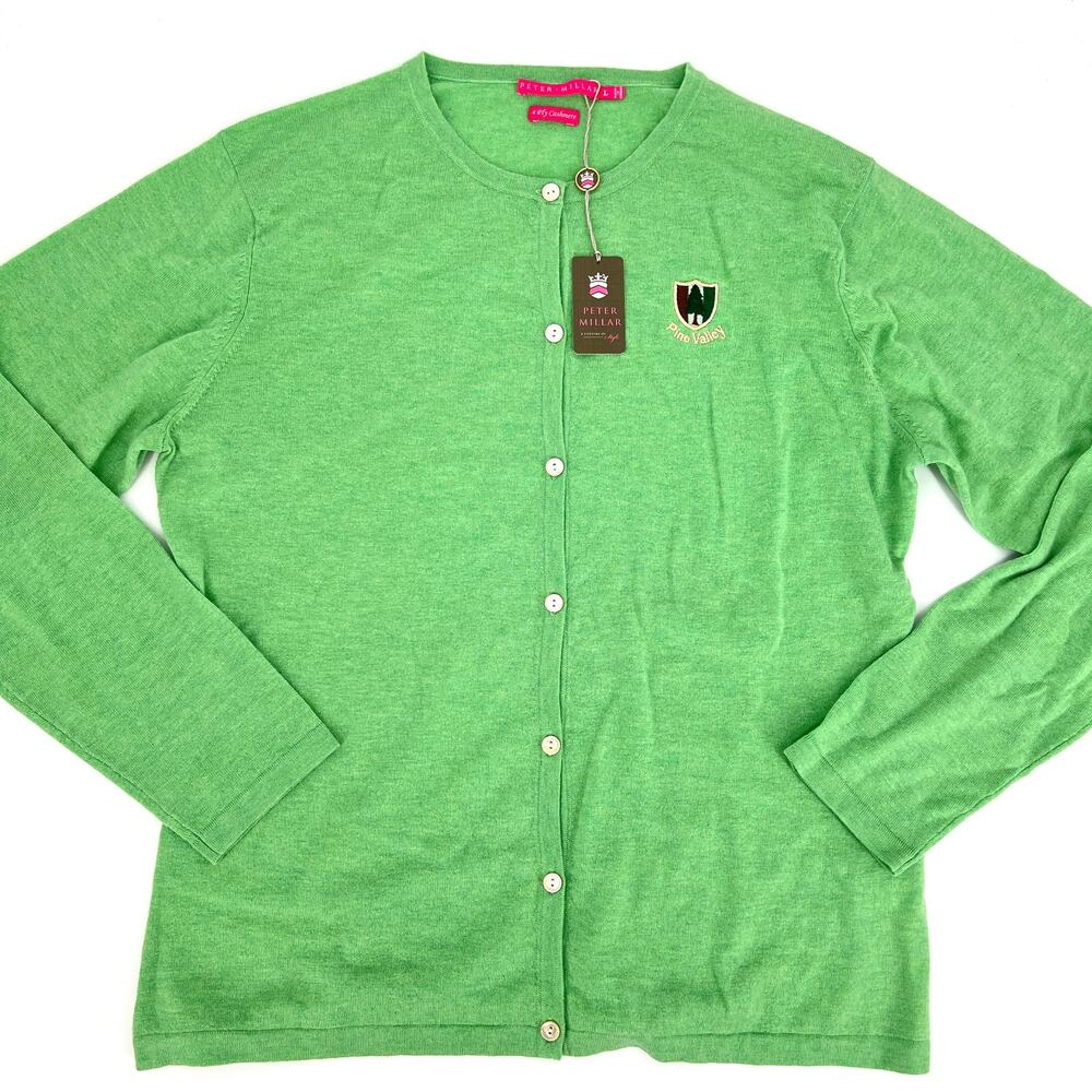 Peter Millar Womens 4 Ply Cashmere Green Cardigan Sweater NEW Pine Valley Patch